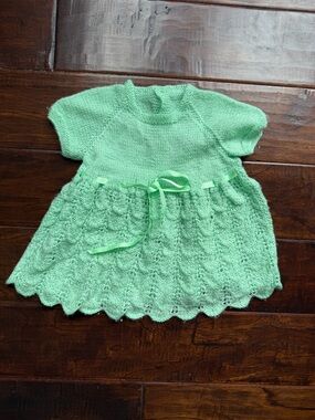 Vintage Handmade Mint Green Crotched Baby Dress, Size 0-3M